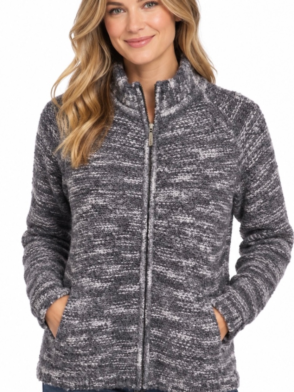 Eddie Bauer purple and grey full zip, wool knit sweater.